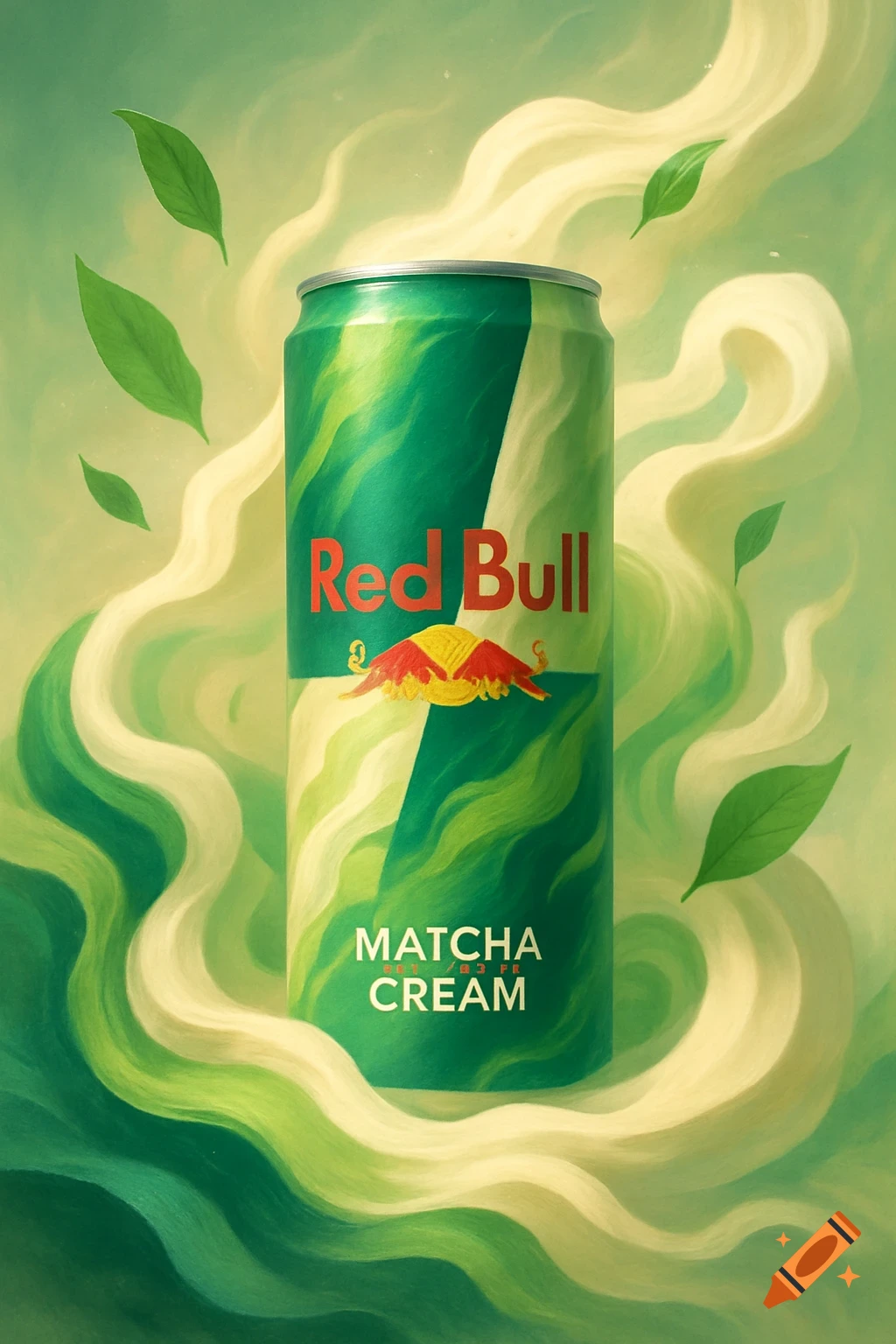 A green Red Bull Matcha Cream can with swirling green and white background and floating leaves in a stylized illustration.