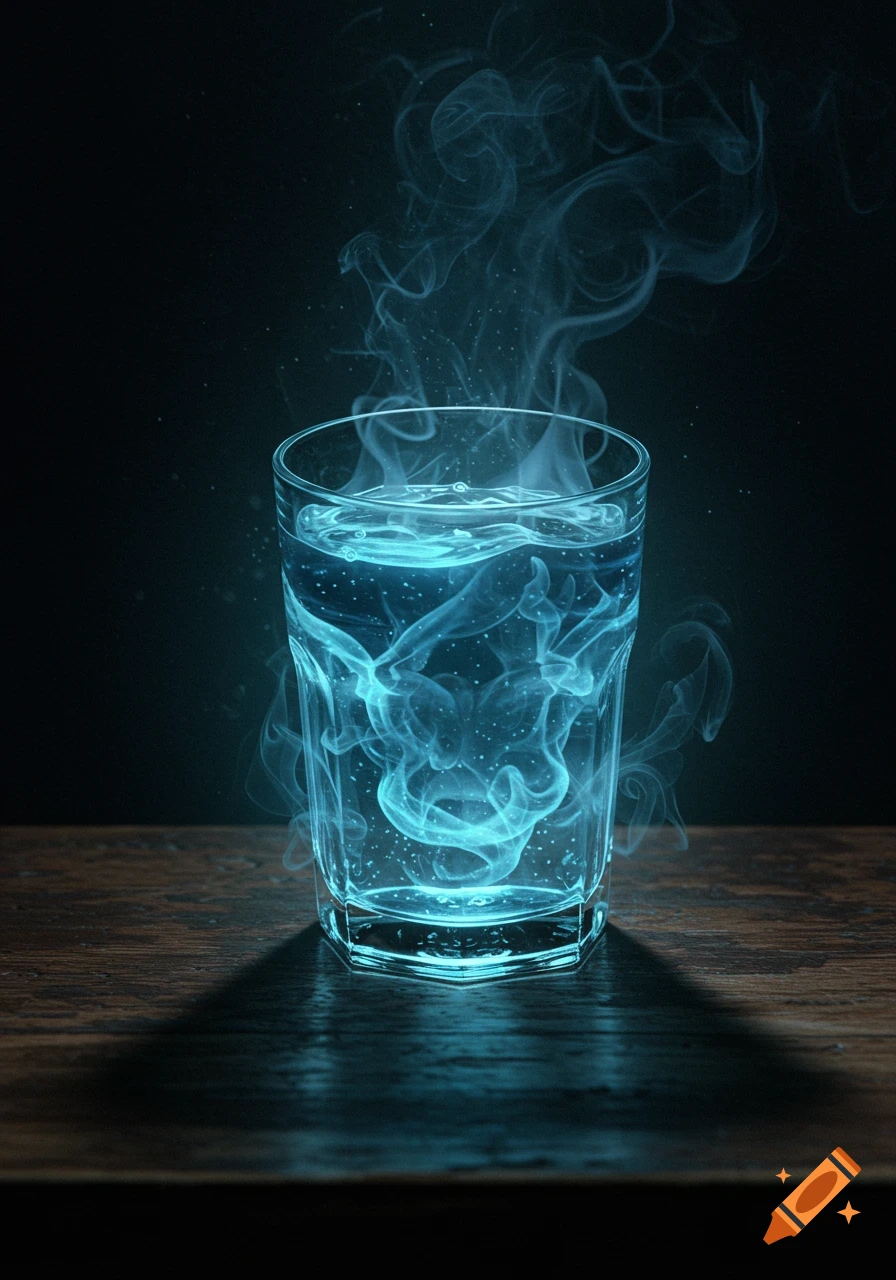 A glass of water with glowing blue smoke and liquid on a dark wooden table.