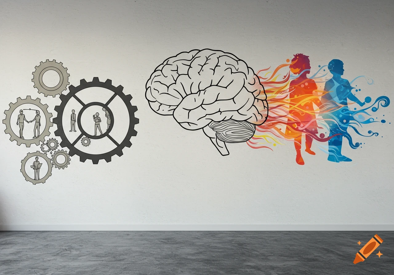 Mural illustration of a brain with gears made of human figures on the left and colorful human silhouettes on the right.