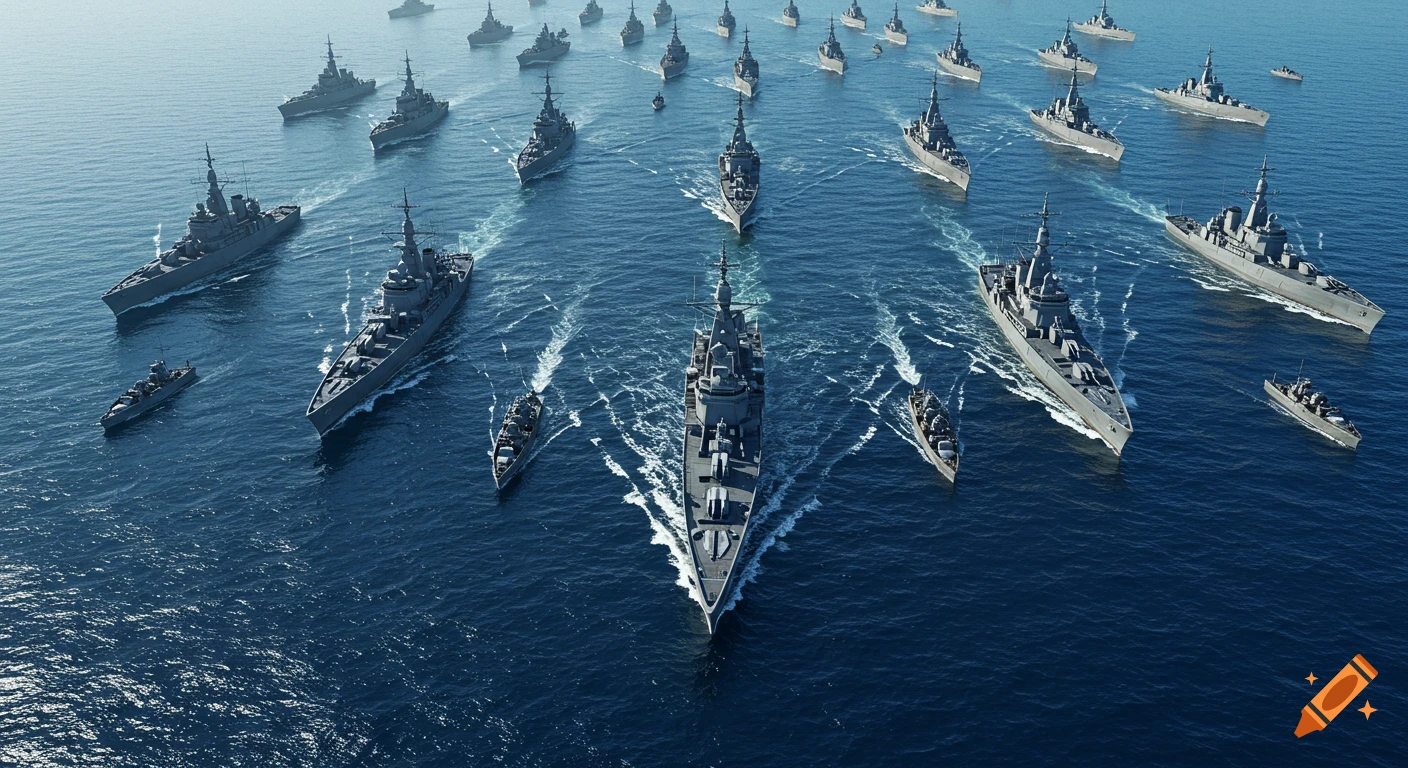 An aerial view of a large fleet of grey warships sailing through a blue ocean, leaving white wakes behind them.