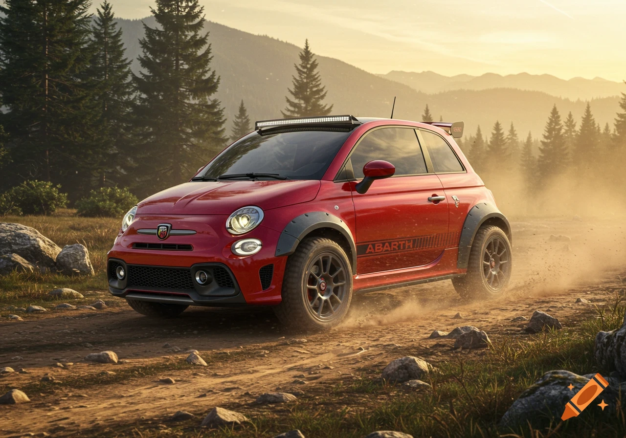 A red Fiat 500 Abarth off-road vehicle with a roof light bar drives on a dusty dirt trail through pine trees and mountains at sunset.