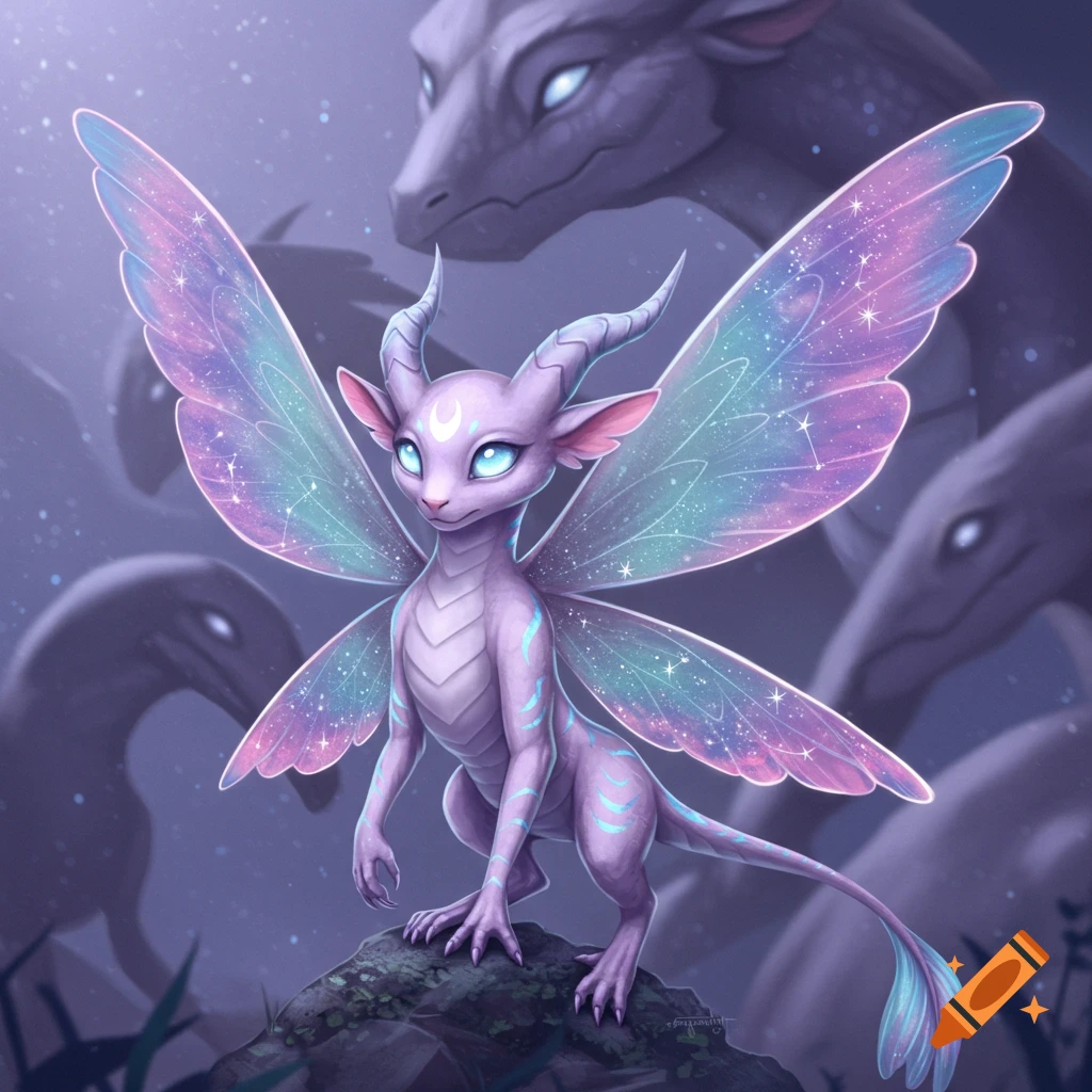 A cute lavender dragon-fairy with glowing star-dusted wings and crescent horns stands on a rock, shadowy dragons in the background. Fantasy art.
