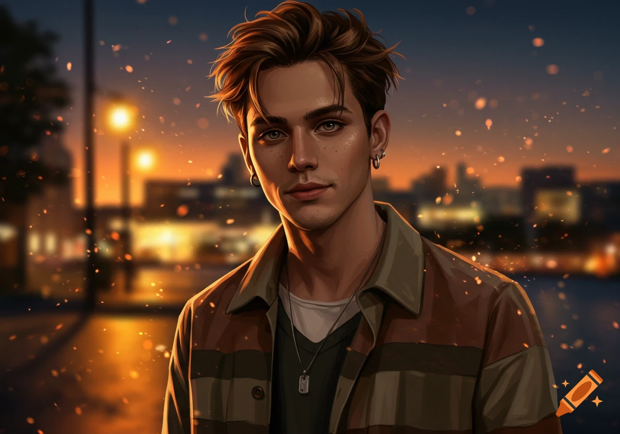 Stylized portrait of a young man with brown hair and earrings, wearing a striped shirt, against a blurred city background at dusk with bokeh lights.
