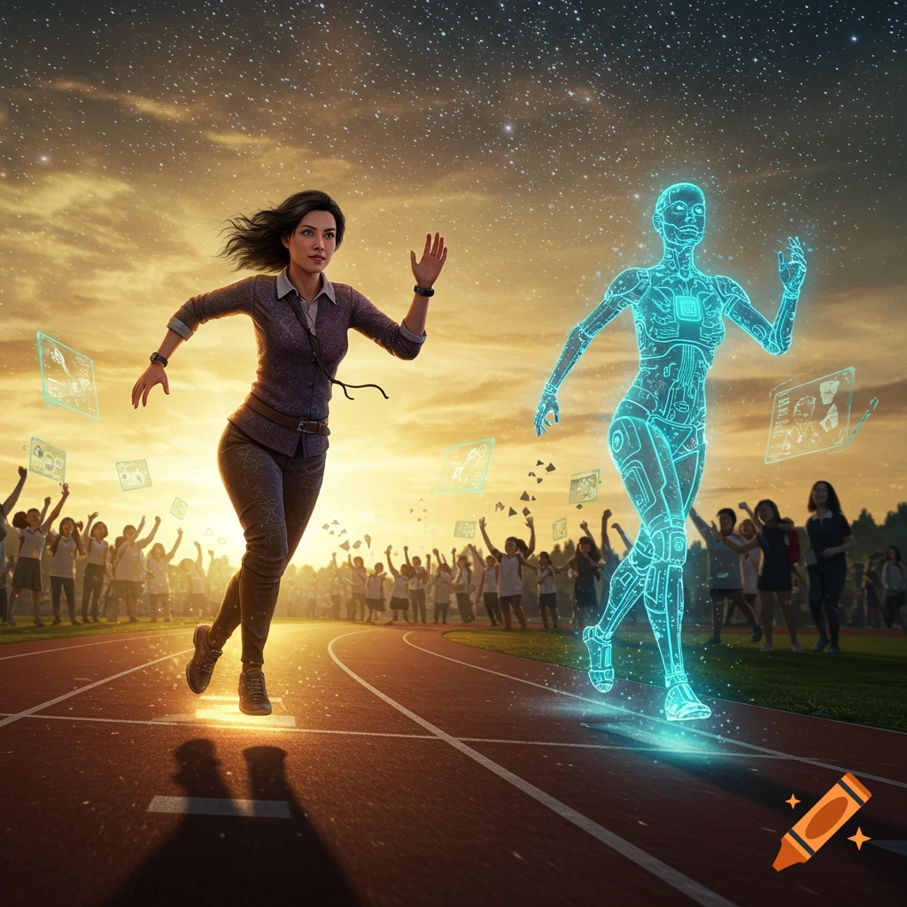 A woman and a glowing blue AI run on a track under a starry sunset sky, with a cheering crowd and holographic data screens.