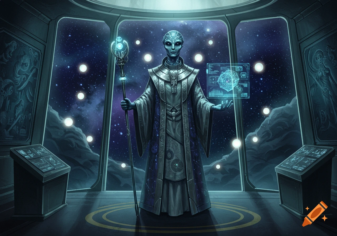 A grey alien in robes holding a glowing staff and holographic display stands in a futuristic control room overlooking a starfield.