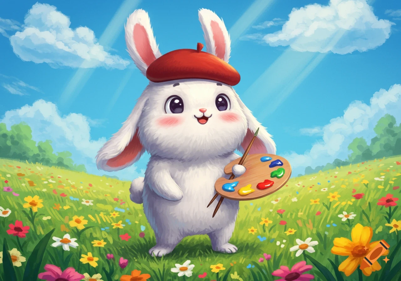 A cute, fluffy white cartoon rabbit wearing a red beret stands in a colorful flower field, holding a painter's palette and brush.