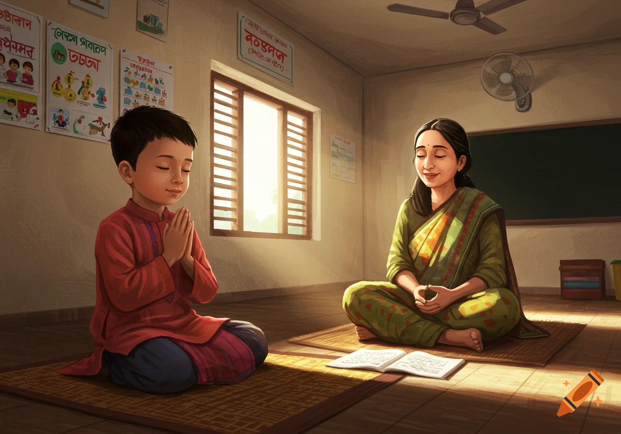 Illustrative scene of a boy and woman meditating or praying in a sunlit room, sitting on mats with eyes closed.