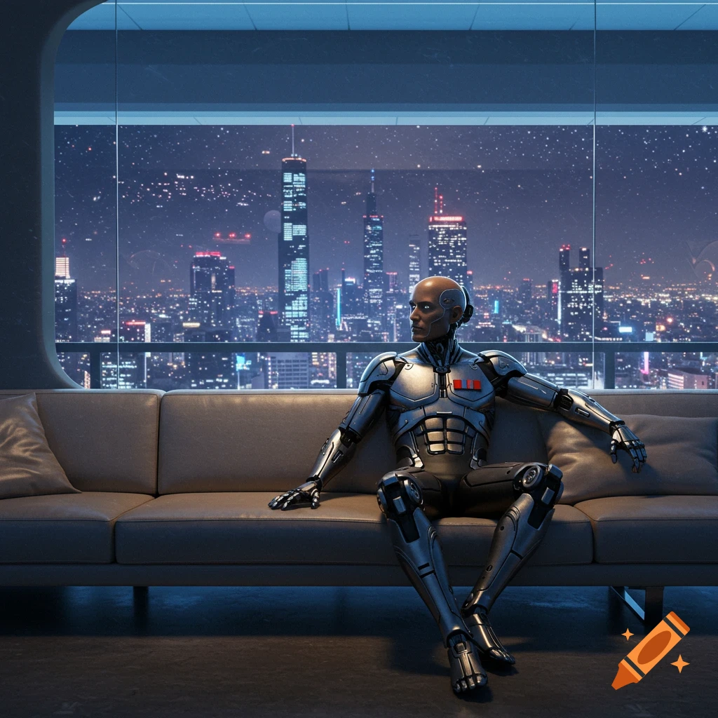 A photorealistic image of a bald cyborg in metallic armor sitting on a modern couch, looking out a large window at a futuristic city skyline at night.