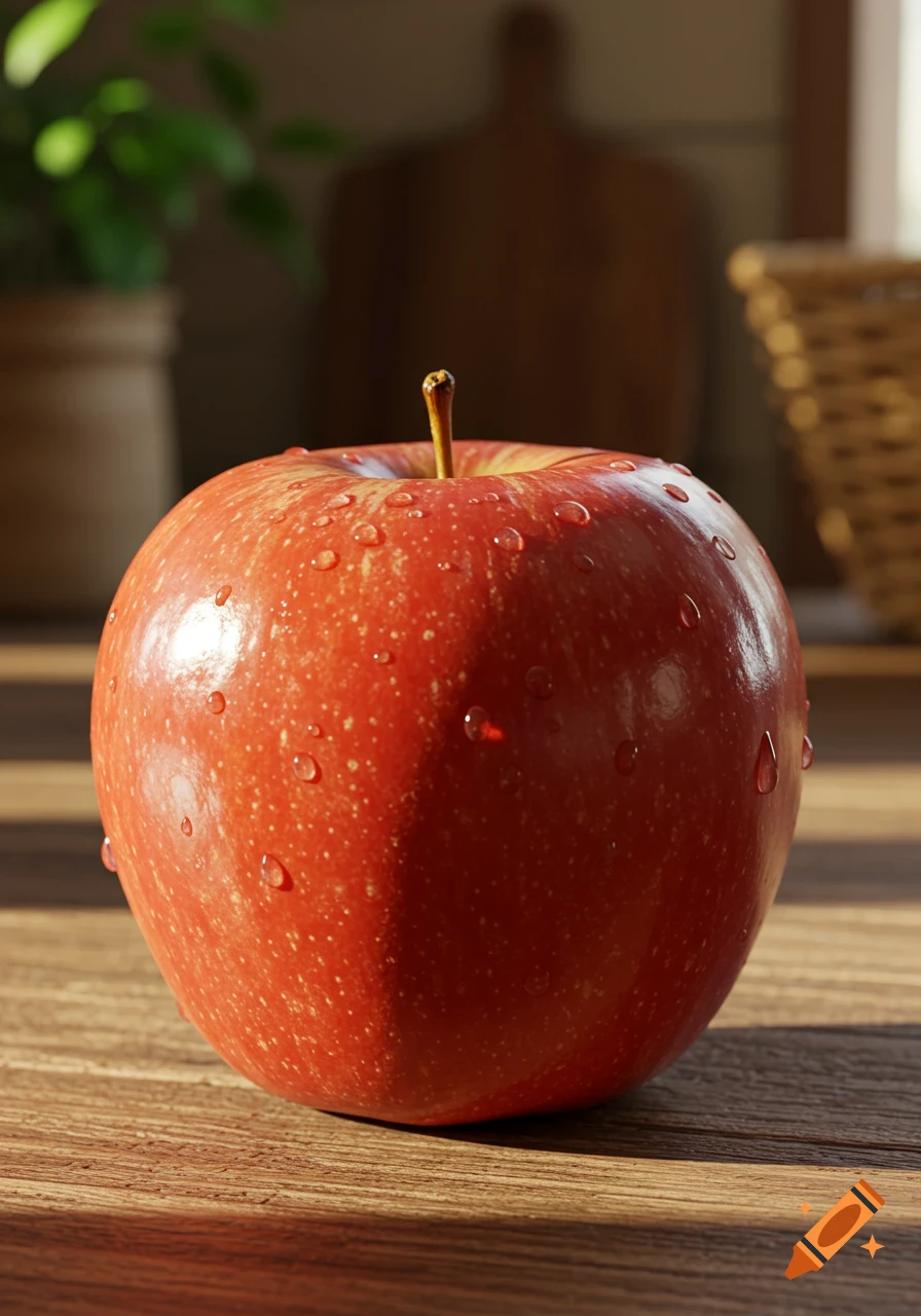 A close-up, photorealistic image of a red apple with water droplets on a wooden surface.