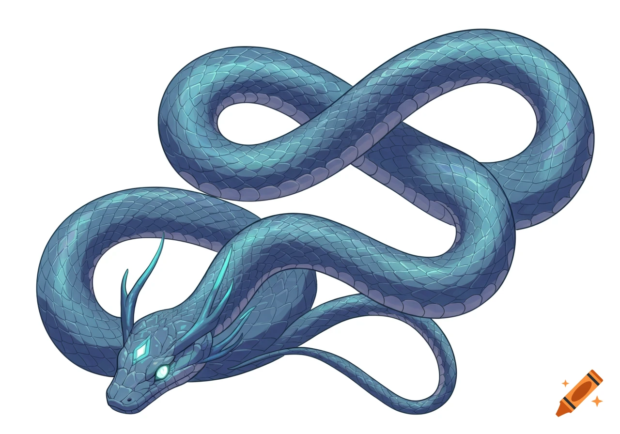 A stylized blue-green fantasy wyrm with glowing eyes and head crests, coiled on a white background.