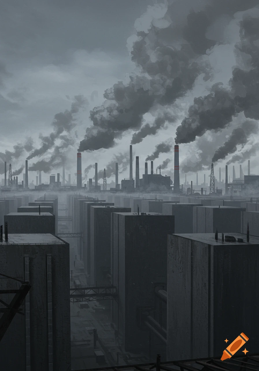 A dystopian, grey industrial cityscape with factories polluting the sky above towering concrete blocks.