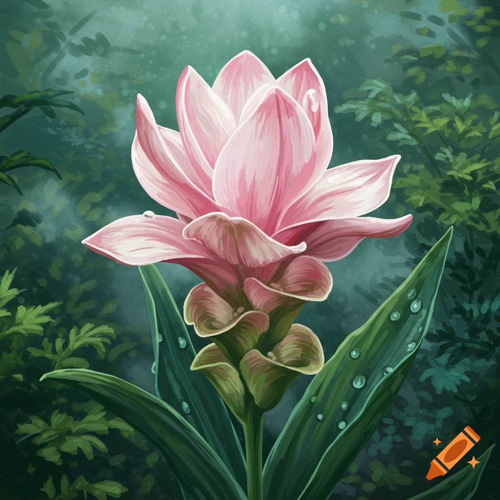 A vibrant pink flower with large petals and green leaves covered in dewdrops, set against a lush, blurry green forest background.