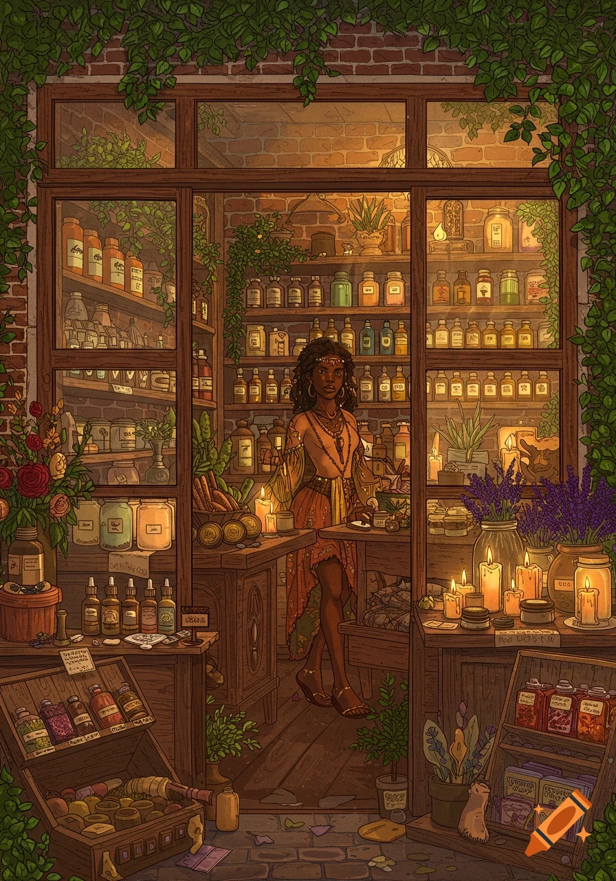An illustration of a Black woman standing in a cozy, mystical apothecary shop filled with shelves of bottles, herbs, and glowing candles, with vines framing the wooden window.