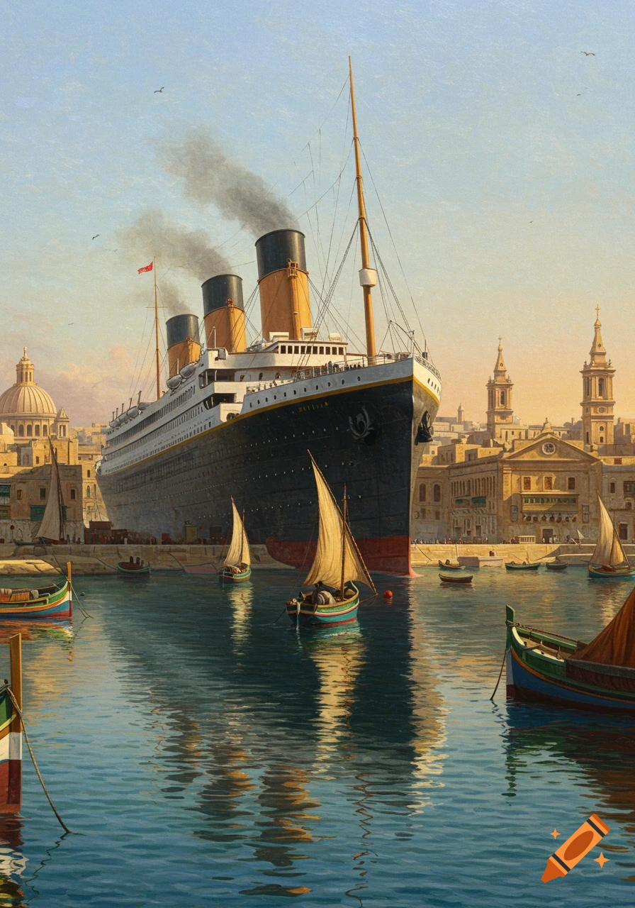 Painting of the Titanic steamship in Valletta harbor, surrounded by smaller boats and a historical city skyline.