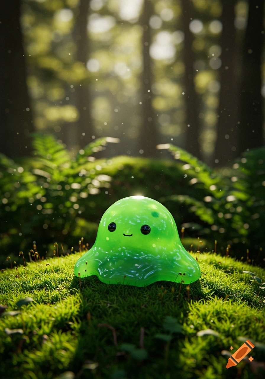 A small, cute, transparent green slime monster with big black eyes and a small smile sits on mossy ground in a sun-dappled forest.