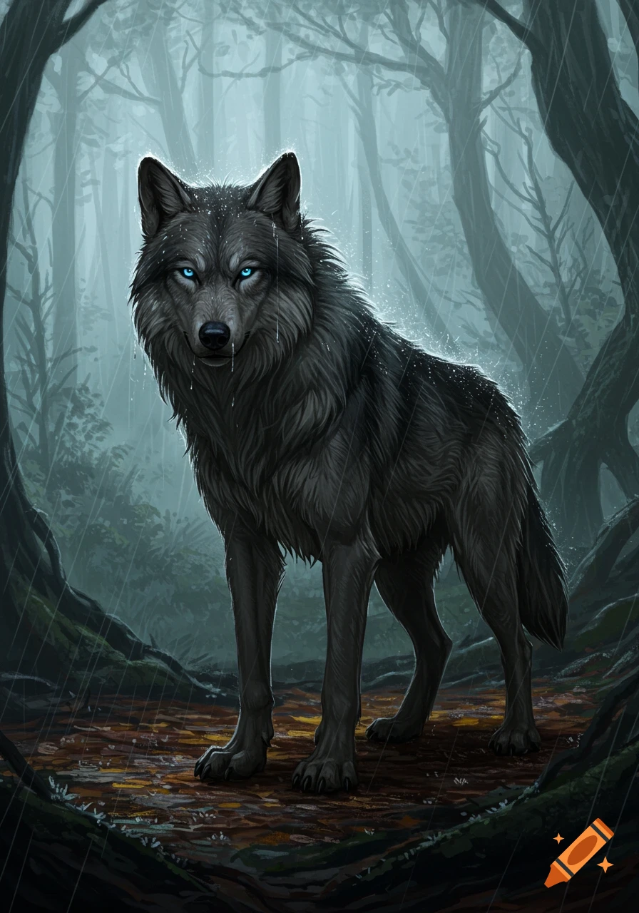 A dark grey wolf with glowing blue eyes stands in a rainy, mystical forest in a digital painting style.