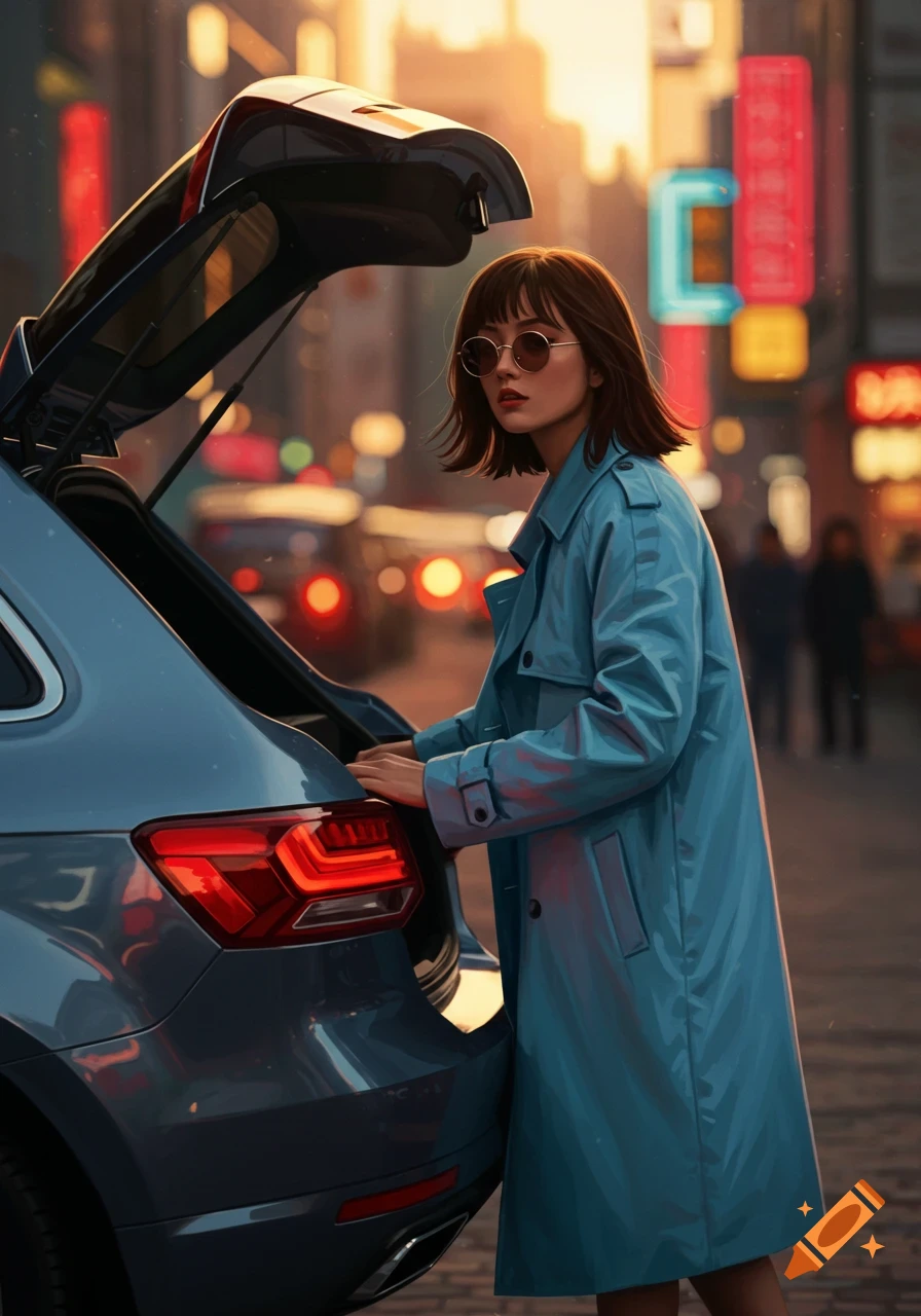 A woman in a blue trench coat and sunglasses opens a car trunk on a city street at dusk, with glowing neon signs in the background, photorealistic style.