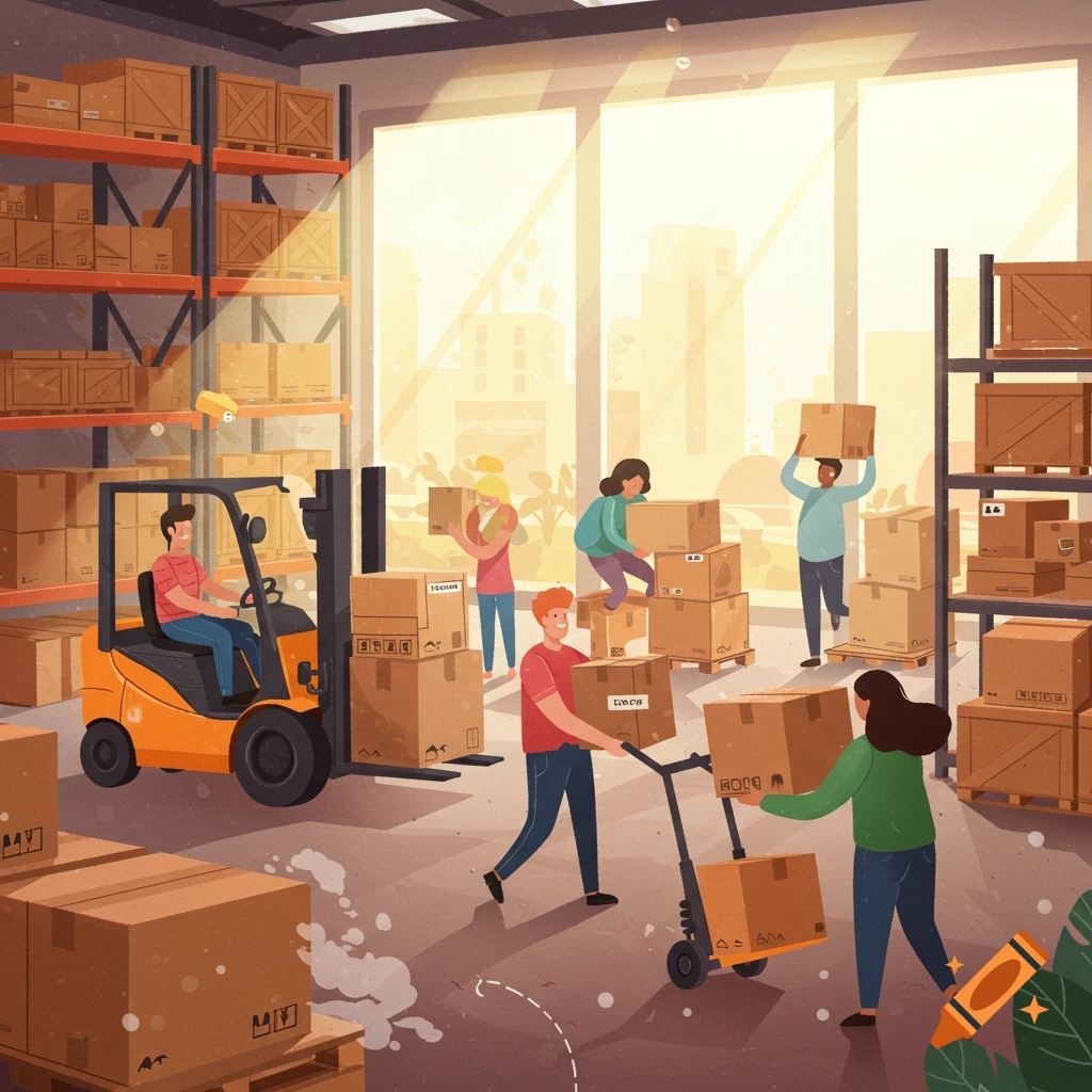 Illustration of diverse people moving cardboard boxes in a sunny warehouse with a forklift and tall shelves.