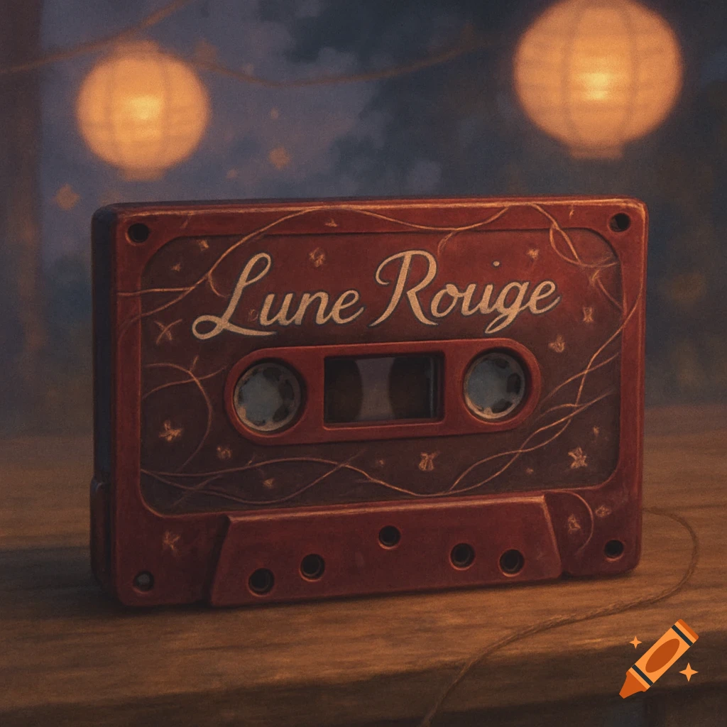 A red vintage audio cassette labeled 'Lune Rouge' on a wooden table with glowing lanterns in the background.