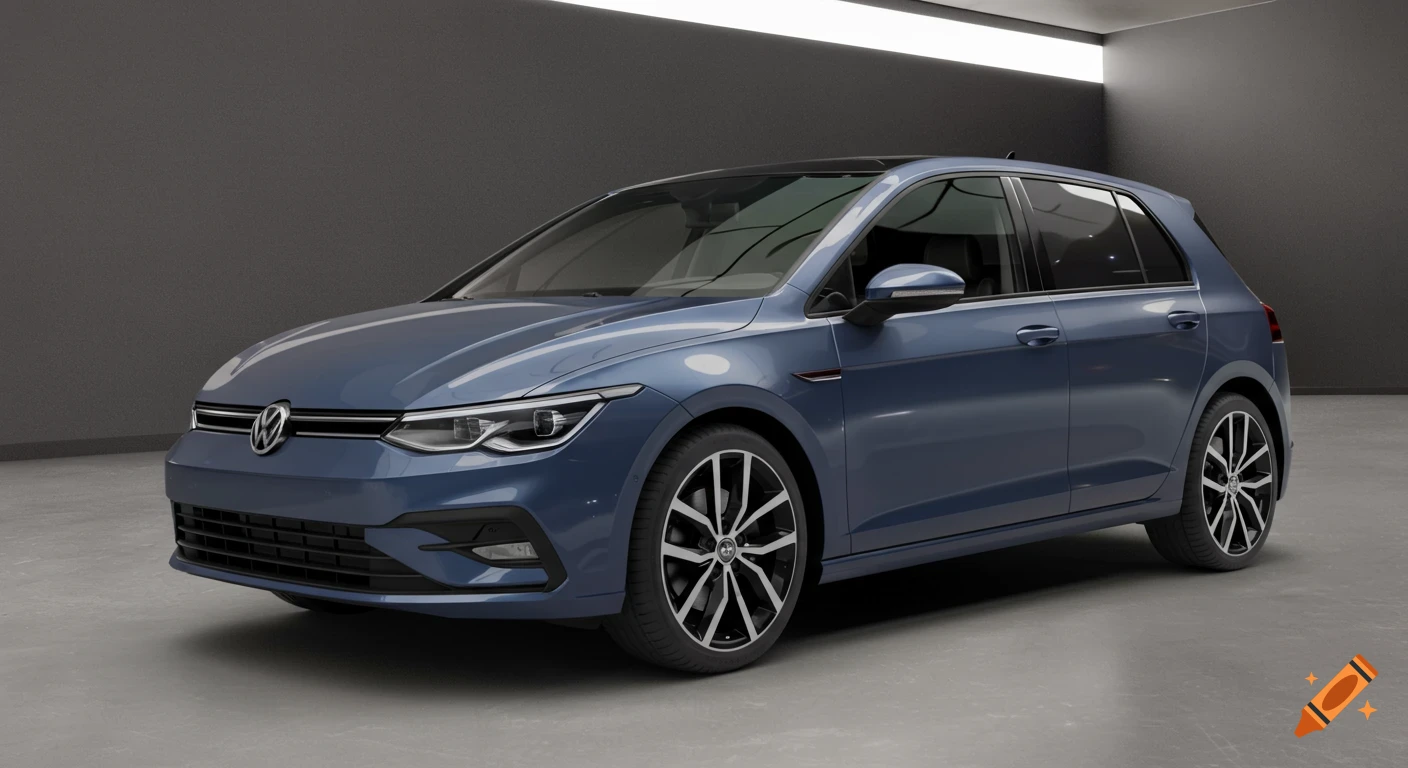 A dark blue Volkswagen Golf hatchback is parked in a minimalist gray garage.