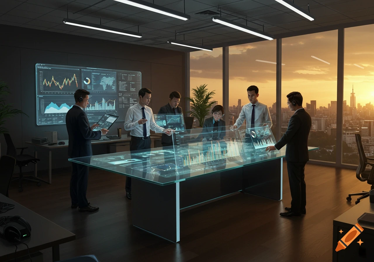 Business professionals in a modern office with holographic displays showing data and charts, overlooking a city skyline at sunset.