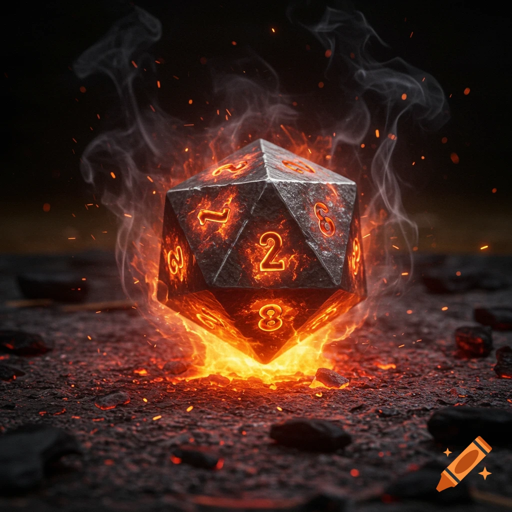 A glowing hot iron 20-sided die engulfed in flames and smoke, sitting on scorched ground.