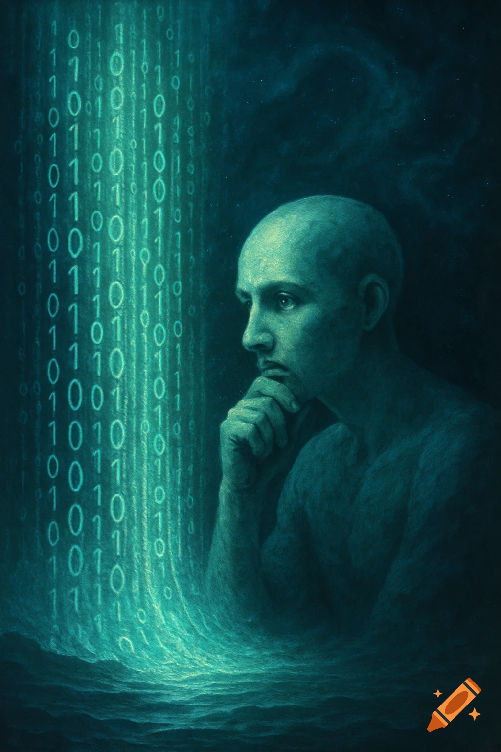 A bald man in profile, rendered in teal tones, gazes thoughtfully at a glowing vertical stream of binary code.
