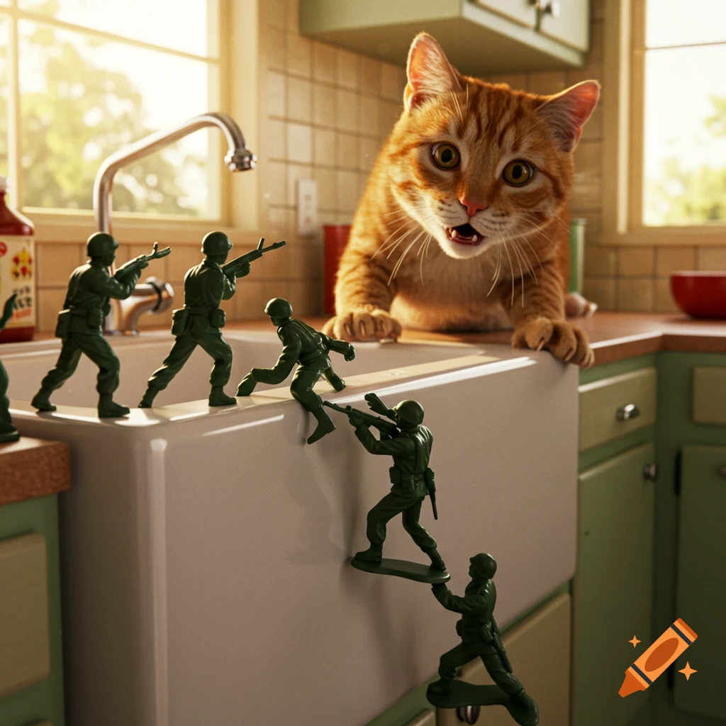 A photorealistic ginger tabby cat hisses at green plastic toy soldiers climbing down a kitchen sink bathed in sunlight.