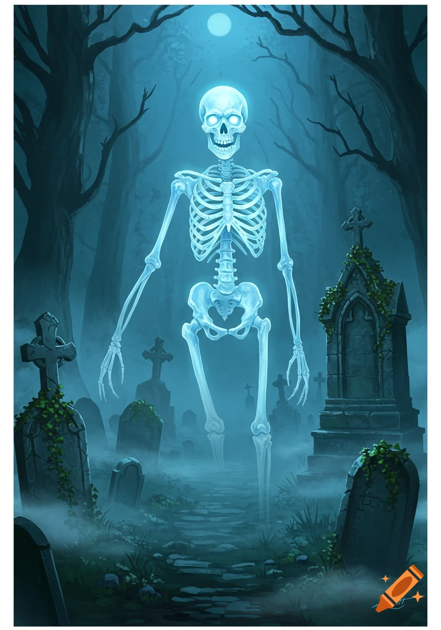 A glowing skeletal ghost stands in a misty graveyard with ancient tombstones under a moonlit sky. Illustration style.