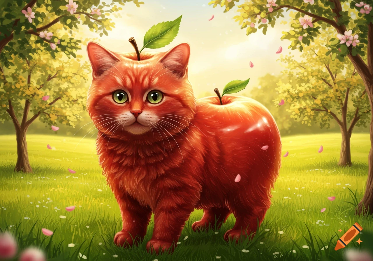 A whimsical, fluffy red cat with green eyes, an apple body, and an apple stem on its head stands in a grassy field.