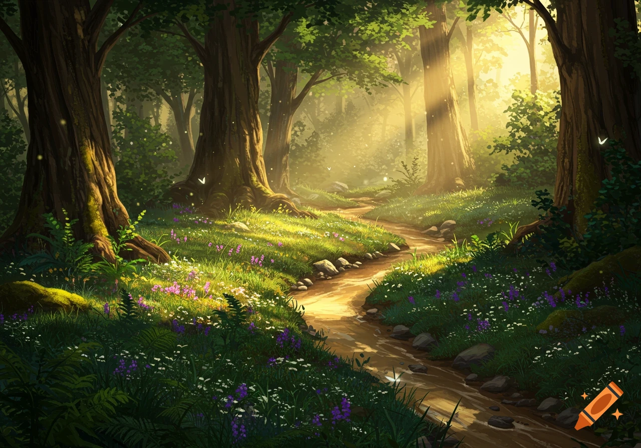 A sun-dappled forest path winds through tall trees and a meadow with purple and white wildflowers.