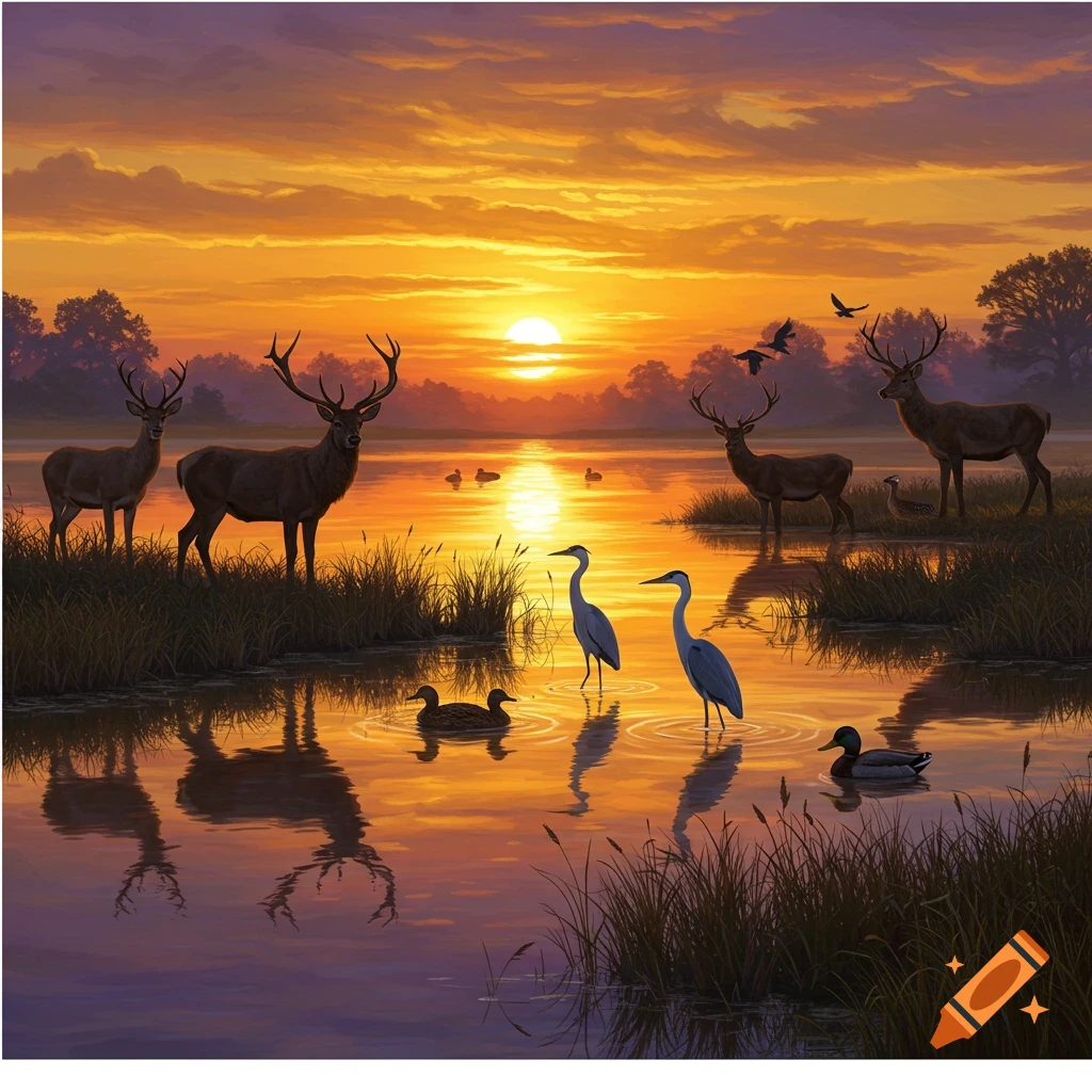 Wildlife at a lake during sunset, with deer on the shore and herons and ducks in the golden water.