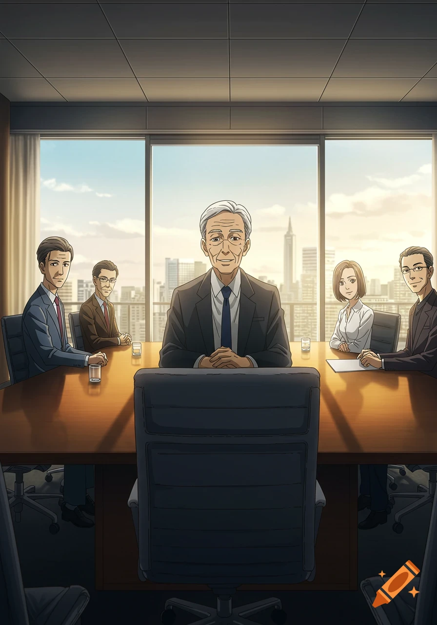Anime style depiction of business professionals, including an older man, in a meeting room overlooking a city skyline.