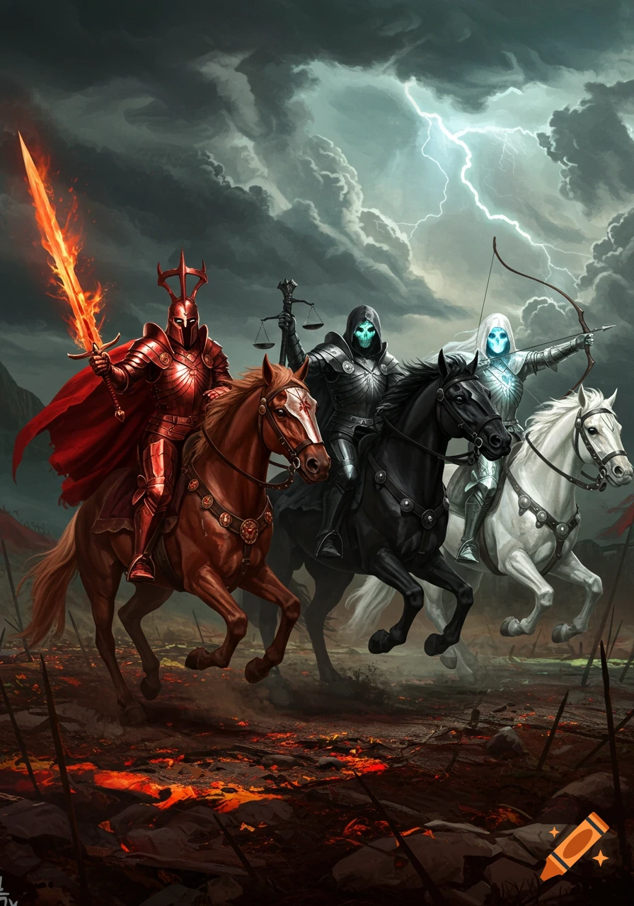 Four armored horsemen, red, black, and white, ride across a lava-lit battlefield under a stormy, lightning sky.