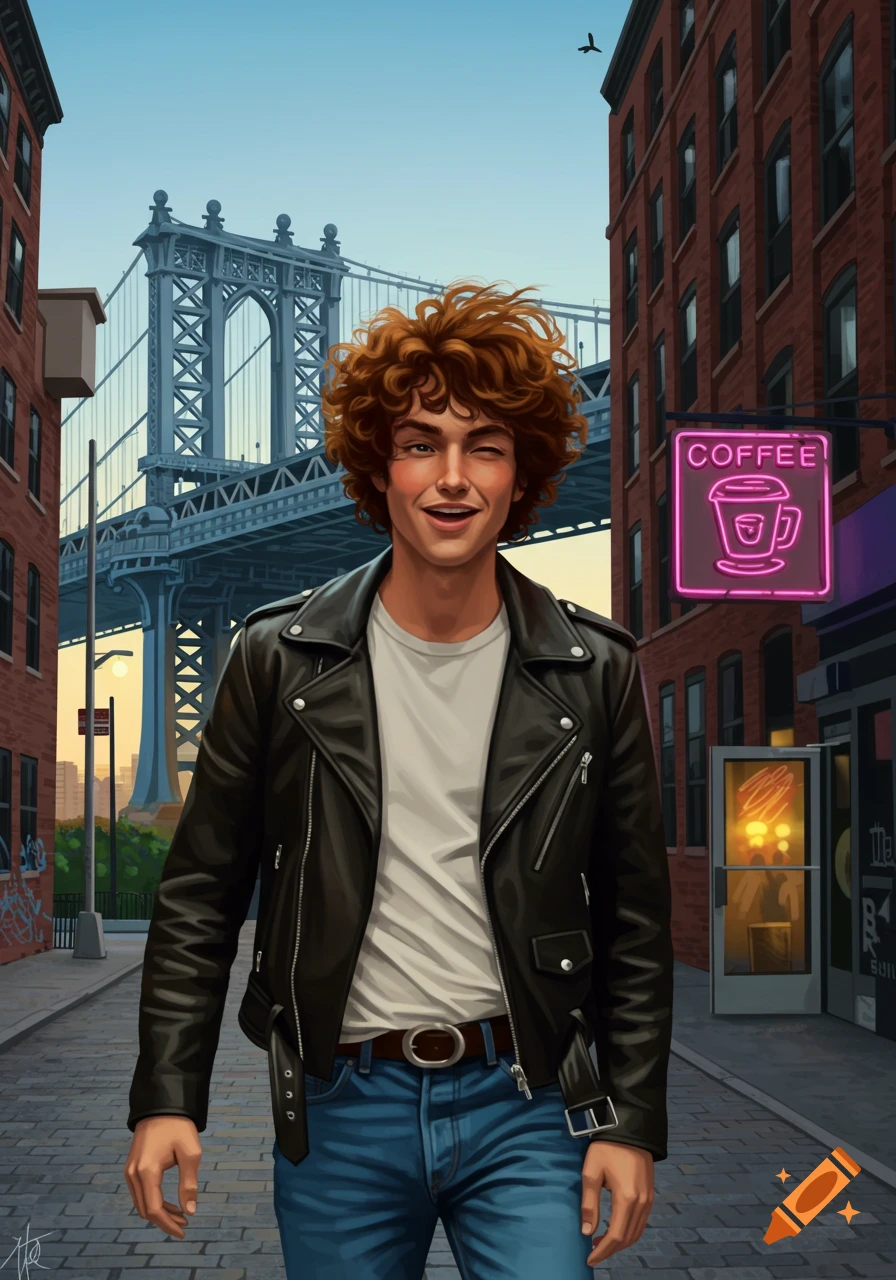 An illustration of a smiling, winking young man with red curly hair in a leather jacket on an urban street with a bridge in the background.