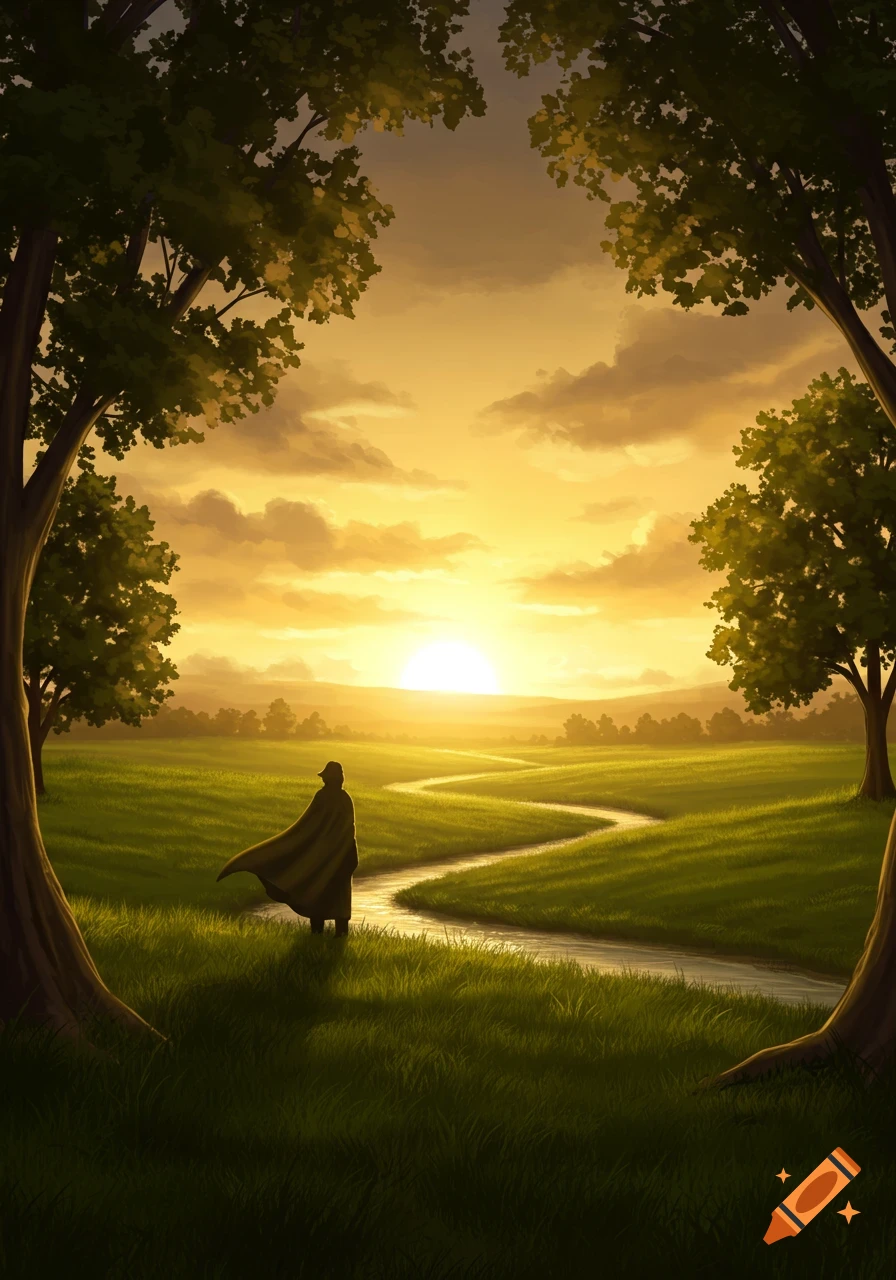 A cloaked person stands in a vibrant green field with a winding river at sunset, framed by trees in a digital painting.