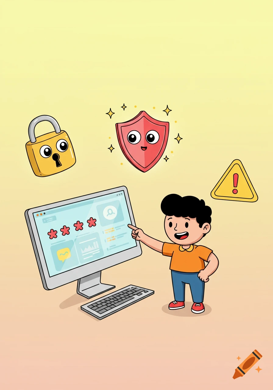 Cartoon boy pointing at a computer screen showing password asterisks, with a padlock, shield, and alert sign above, in a children-friendly style.