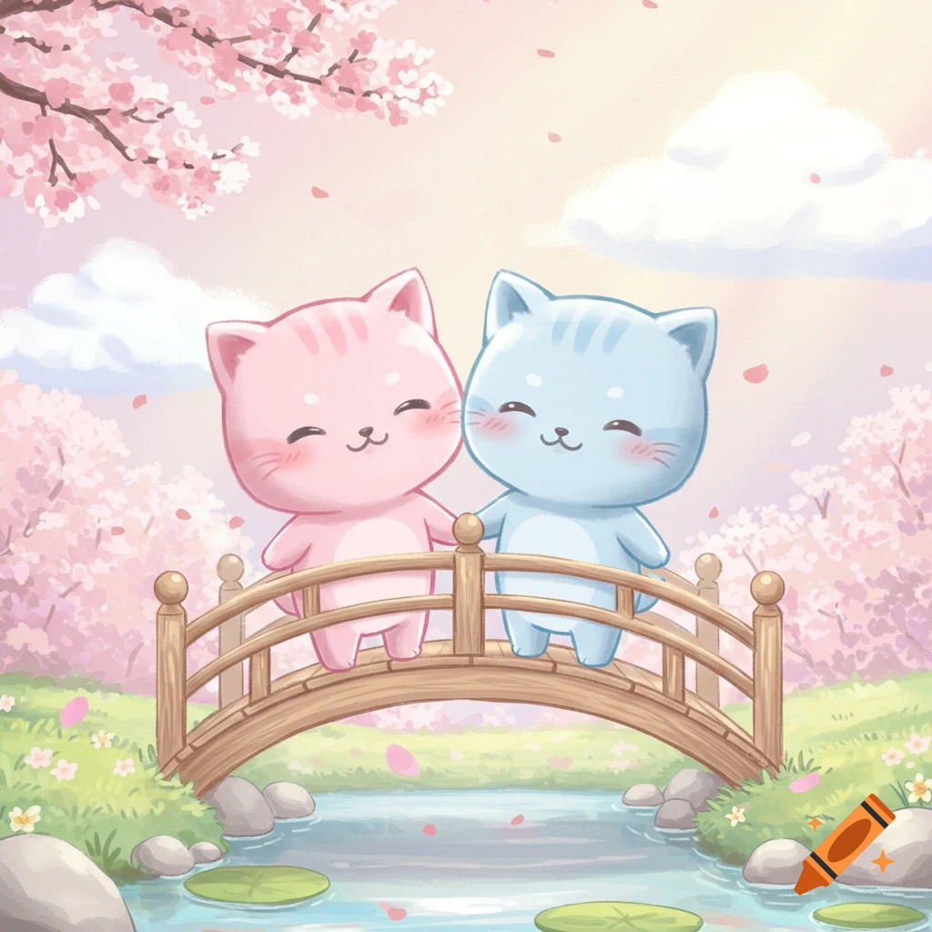 Two smiling chibi kittens, one pink and one blue, hold paws on a bridge amidst pastel cherry blossoms, kawaii illustration.