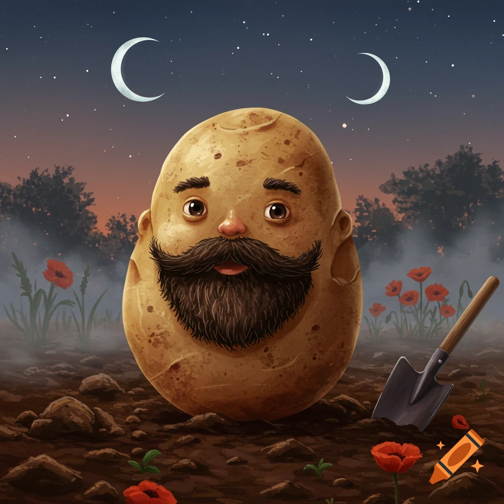 A cartoon potato with a large beard and mustache sits in a field with red poppies and a shovel under a starry night sky with two crescent moons.