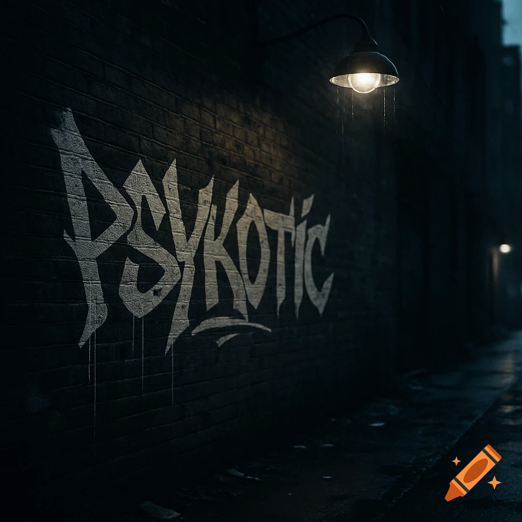 White 'PSYKOTIC' graffiti on a dark brick alley wall under a dim streetlamp on a rainy night.