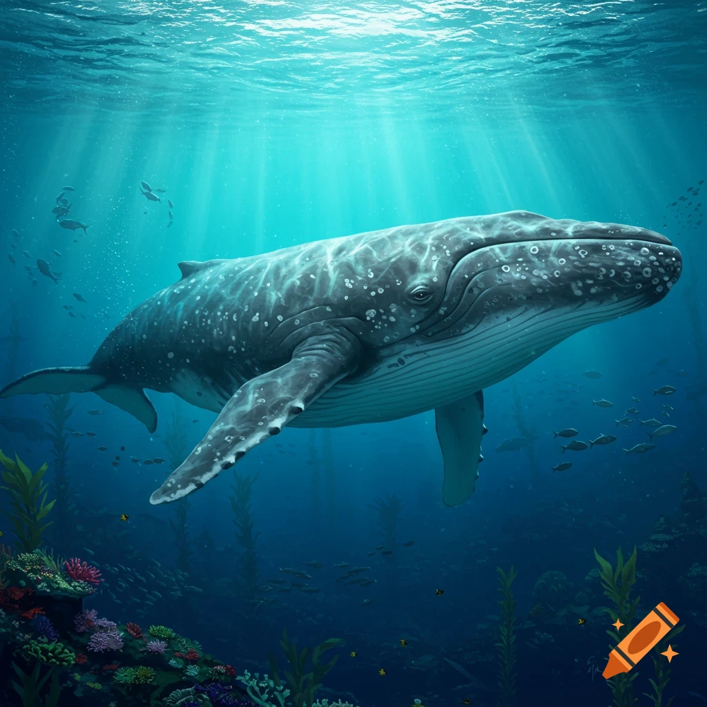 A majestic gray whale swims through clear blue ocean waters, with light rays filtering from above and colorful coral below.