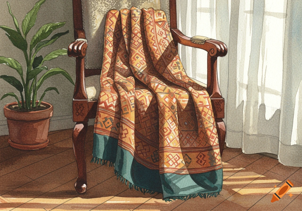 Watercolor illustration of an ornate wooden armchair draped with a patterned orange and teal blanket, a potted plant, and sunlight by a window.