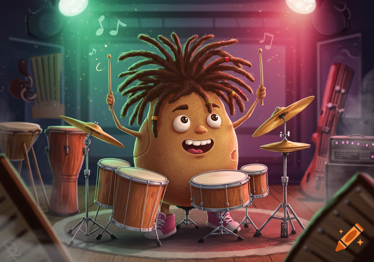 A happy cartoon potato with dreadlocks plays a drum set under green and red stage lights.