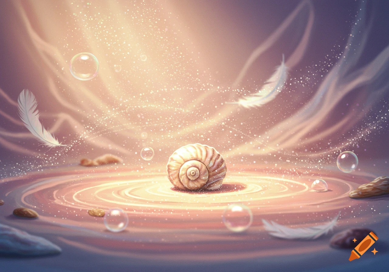 A central snail shell surrounded by soft glowing light, floating bubbles, and white feathers, all shimmering with sparkles.