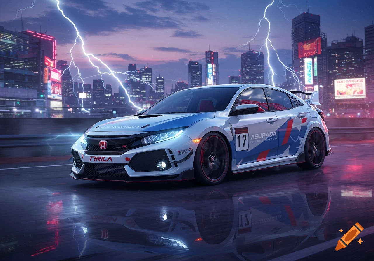 A white Honda Civic Type R with blue and red Asurada livery races on a wet city street at dusk, with bright lightning bolts in the sky over skyscrapers.