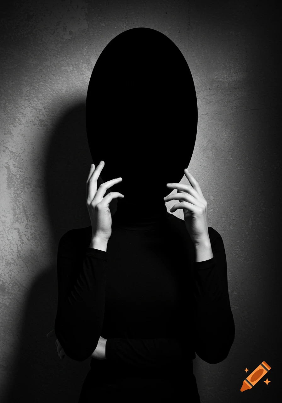 Black and white surreal photograph of a person in a turtleneck with a black oval void for a head, hands near the void, against a textured wall.