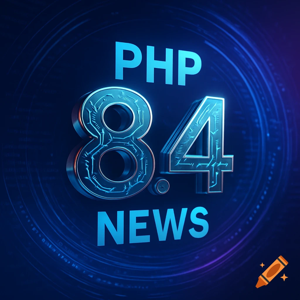 3D metallic text 'PHP 8.4 NEWS' with circuit patterns on a dark blue technological background.