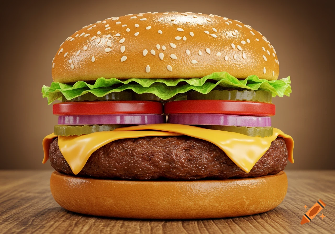 A detailed photorealistic hamburger with a sesame seed bun, lettuce, tomato, onion, pickles, cheese, and a beef patty on a wooden table.