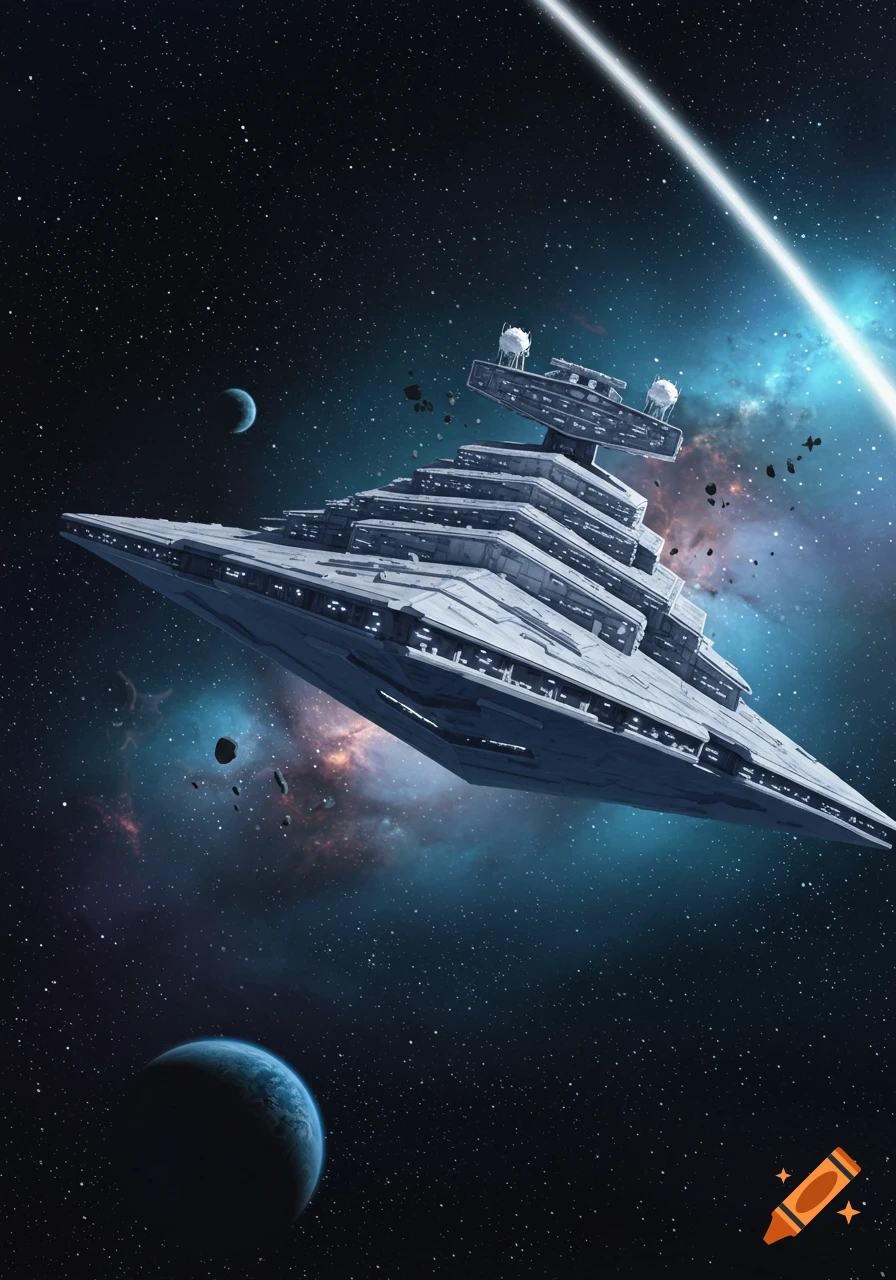 A large grey Star Destroyer spaceship flying through deep space, with distant planets, a glowing nebula, and a bright light beam cutting across the upper right.