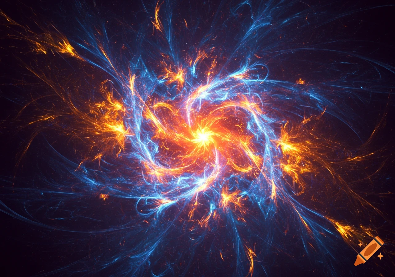 A vibrant abstract fractal art piece with glowing orange and blue energy swirling on a dark background.
